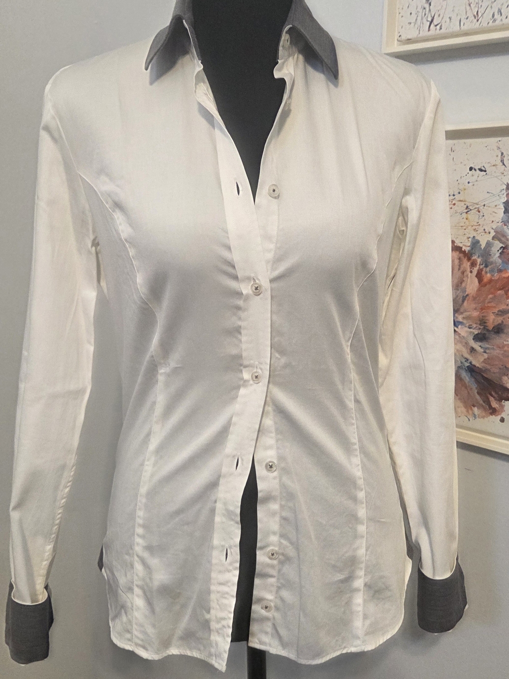 Classic White Button-Down Shirt with Gray Contrast Collar & Cuffs
